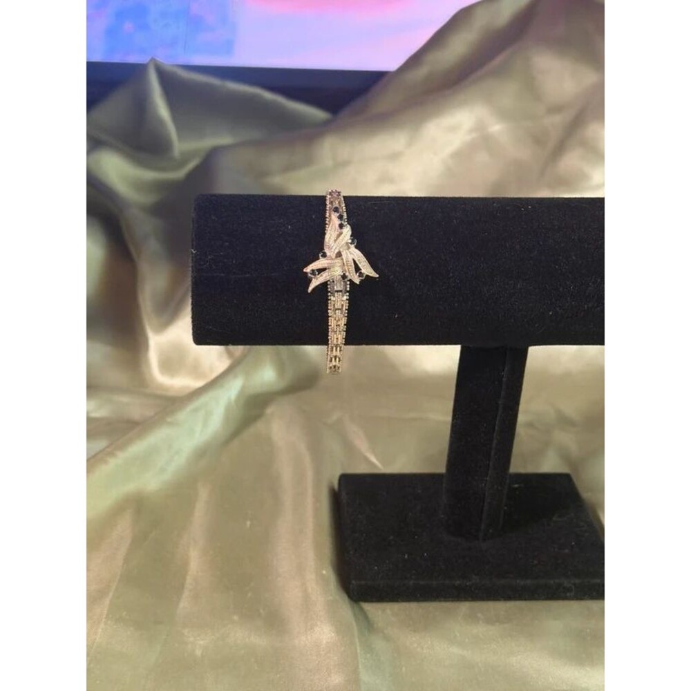Vintage Italian SU 925 Sterling Silver Riccio Blue Sapphire Floral Bracelet 7.5"